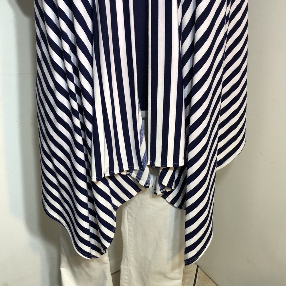 Miuse Navy Stripe Cascading Open Front Stretchy Knit Cardigan Jacket - Picture 3 of 8